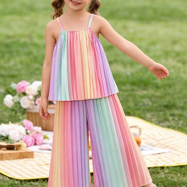 Strap top with loose trousers suit child girls summer outfit