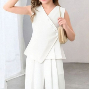 Sleeveless vest with loose pants pure colour suit baby girls