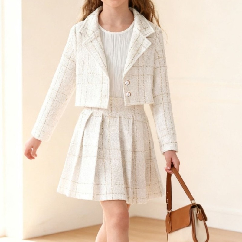 Hidden pattern long-sleeved coat skirt vest three-piece suit formal attire child girls