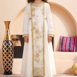 Golden embroidery white Loose-fitting long sleeves dress child girls
