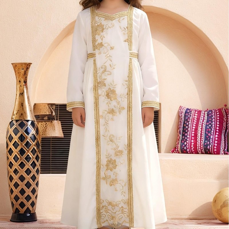 Golden embroidery white Loose-fitting long sleeves dress child girls