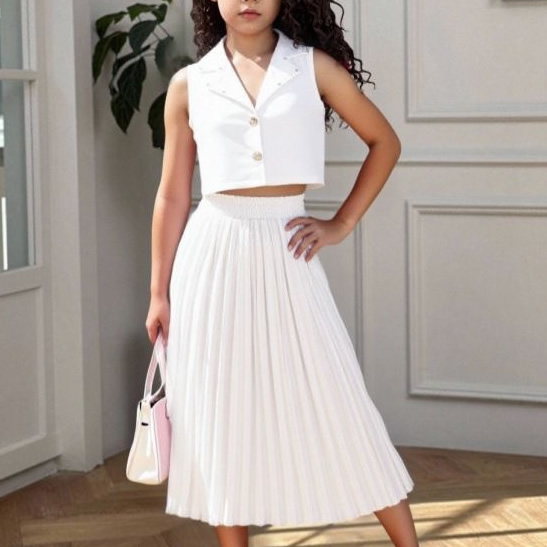 Lapel sleeveless top with pleated skirt set baby girls