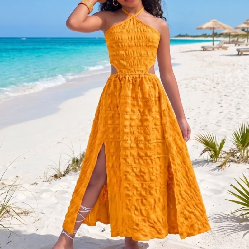 Halter slit dress solid color beach casual vacation children