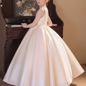 Solid color round collar sleeveless satin luxury evening gown children dress