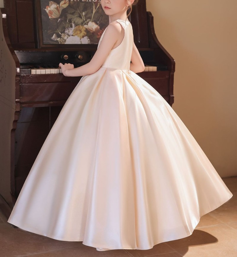 Solid color round collar sleeveless satin luxury evening gown children dress