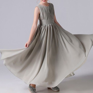 Solid color pleated simple sleeveless round neck chiffon dress