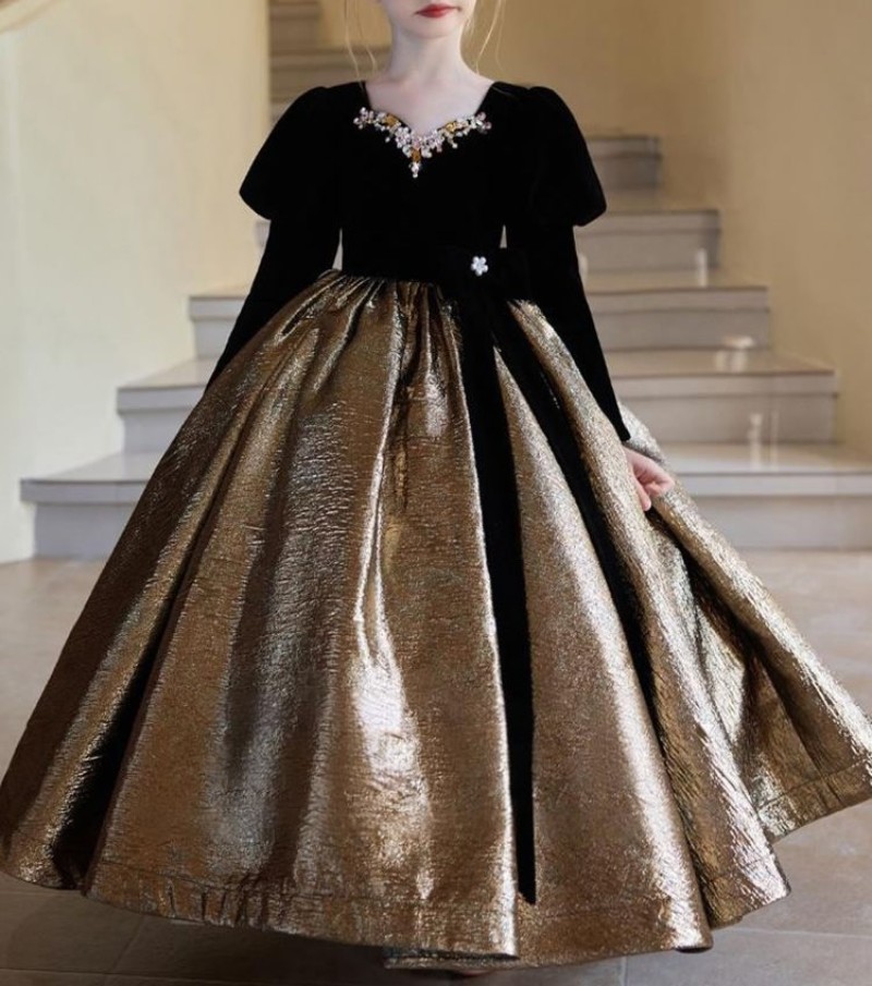 Black brown‌ long sleeve banquet luxury gown baby girls