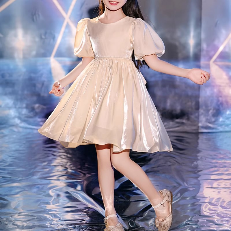 Puff sleeve‌ round collar glossy dress