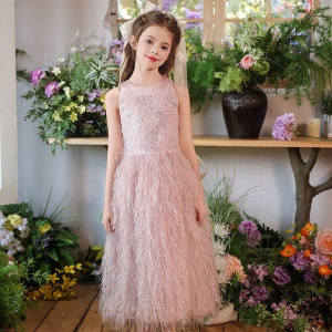 Pink Sequins Feather Maxi Princess dress