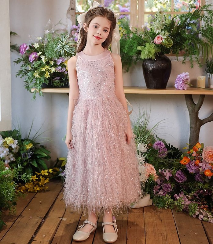 Pink Sequins Feather Maxi Princess dress