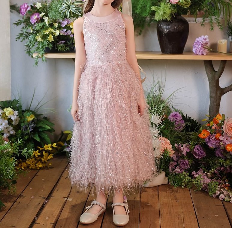 Baby girls Pink Sequins top Feather bottom Princess dress