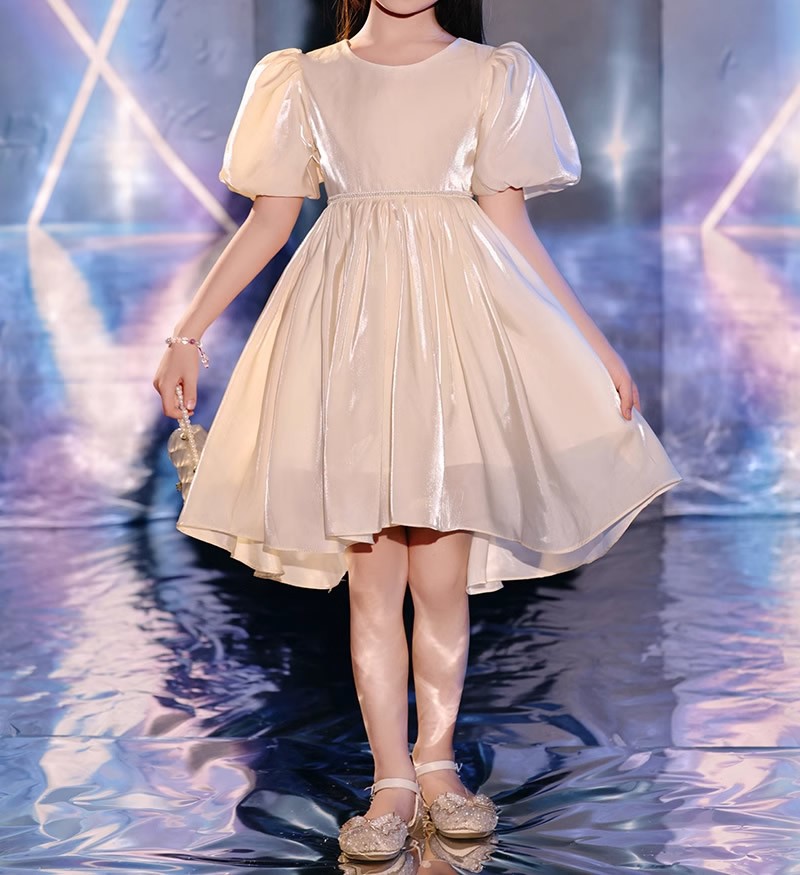 Puff sleeve‌ round collar glossy dress