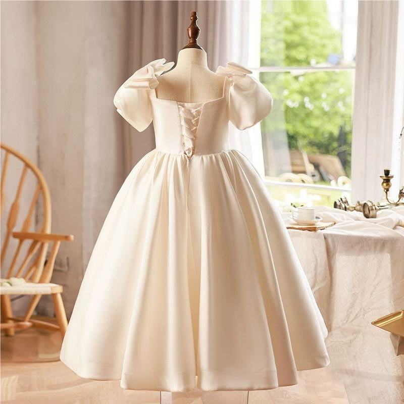 Little girl Ivory satin Princess dresspuff sleeve Birthday Frock