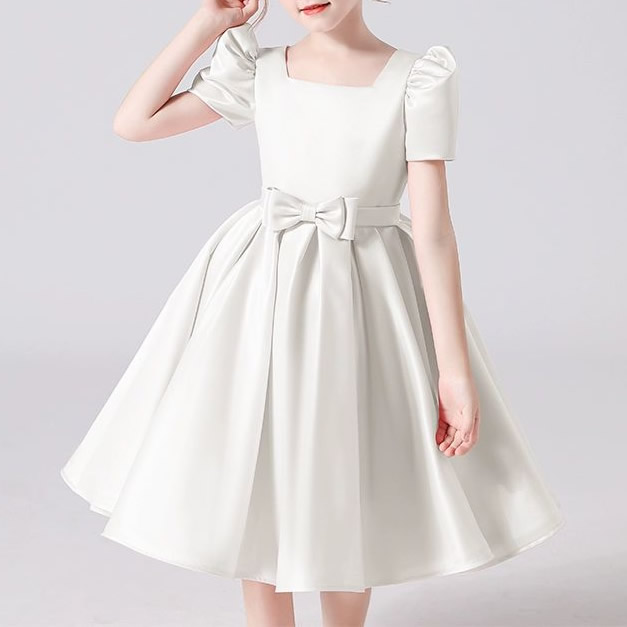 Children girls White bubble sleeve square neck satin dress