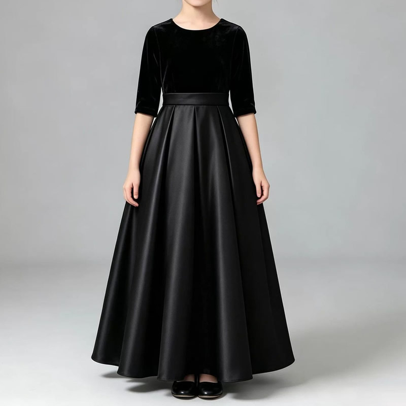 Girls black High-end half sleeve round neck Piano Performance dress
