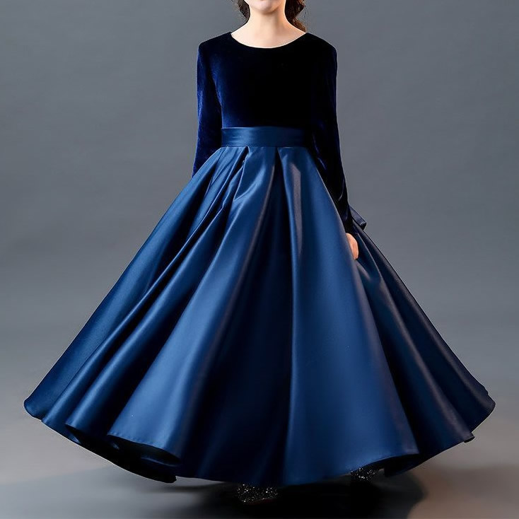 girls Solid color Crew neck Long sleeves Back bow maxi dress