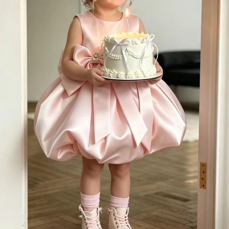 Baby girls pink bow bubble dress Birthday gown